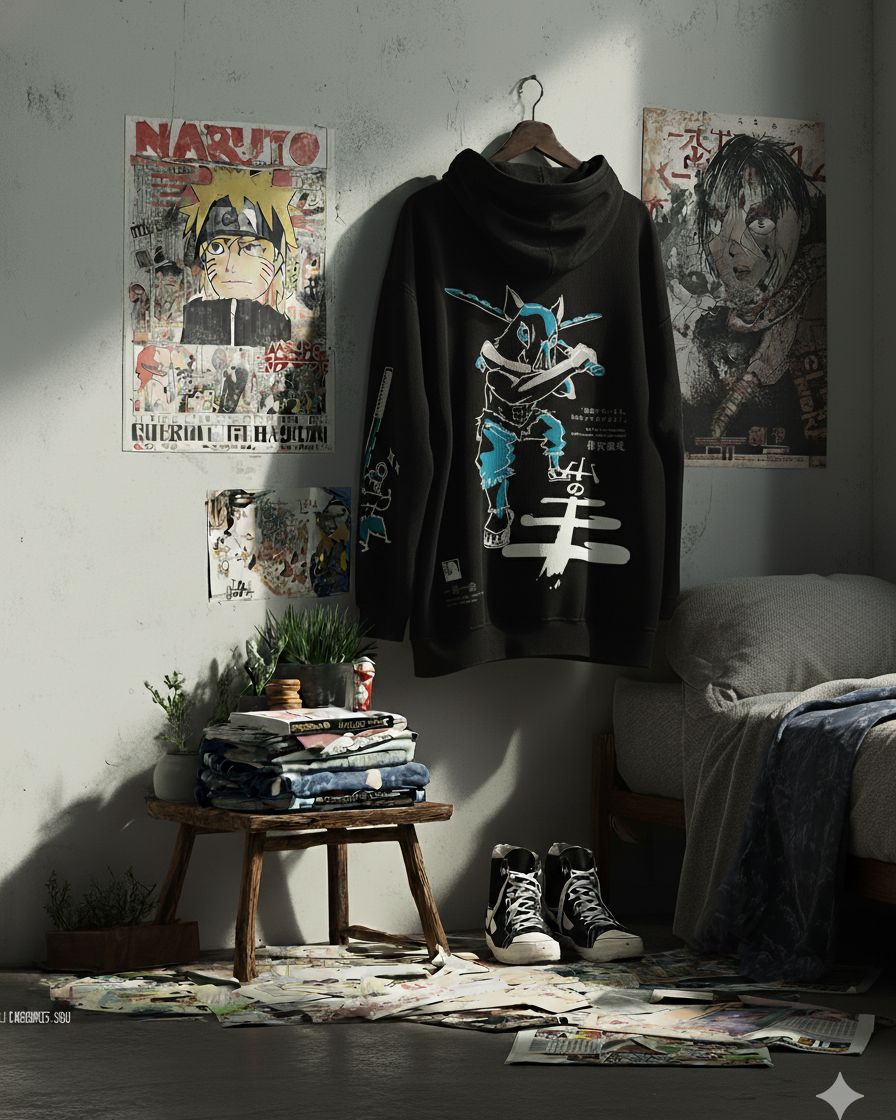 Hoodie oversize negro de Inosuke Hashibira (Kimetsu no Yaiba) — detalle del arte — NEXO Street