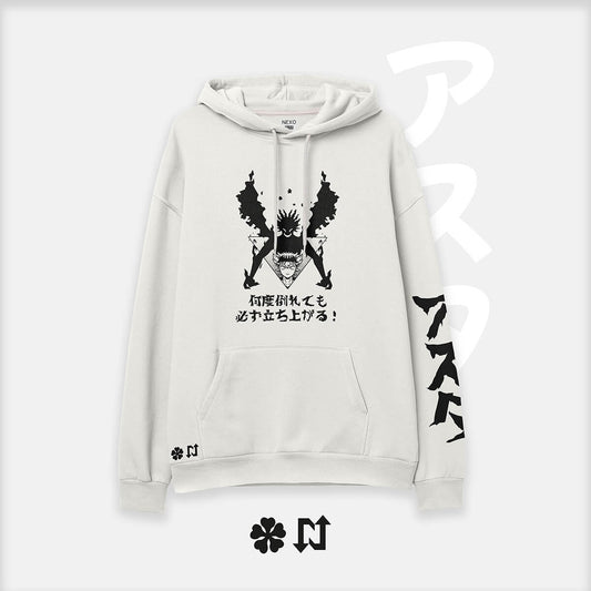 Hoodie oversize blanco de Asta (Black Clover) — grimorio de cinco hojas — NEXO Street