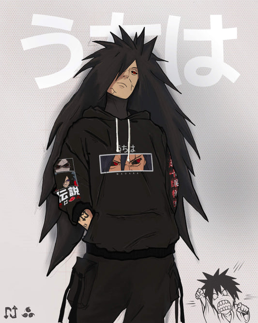Hoodie oversize Madara Uchiha Naruto negro — NEXO Street anime streetwear Colombia