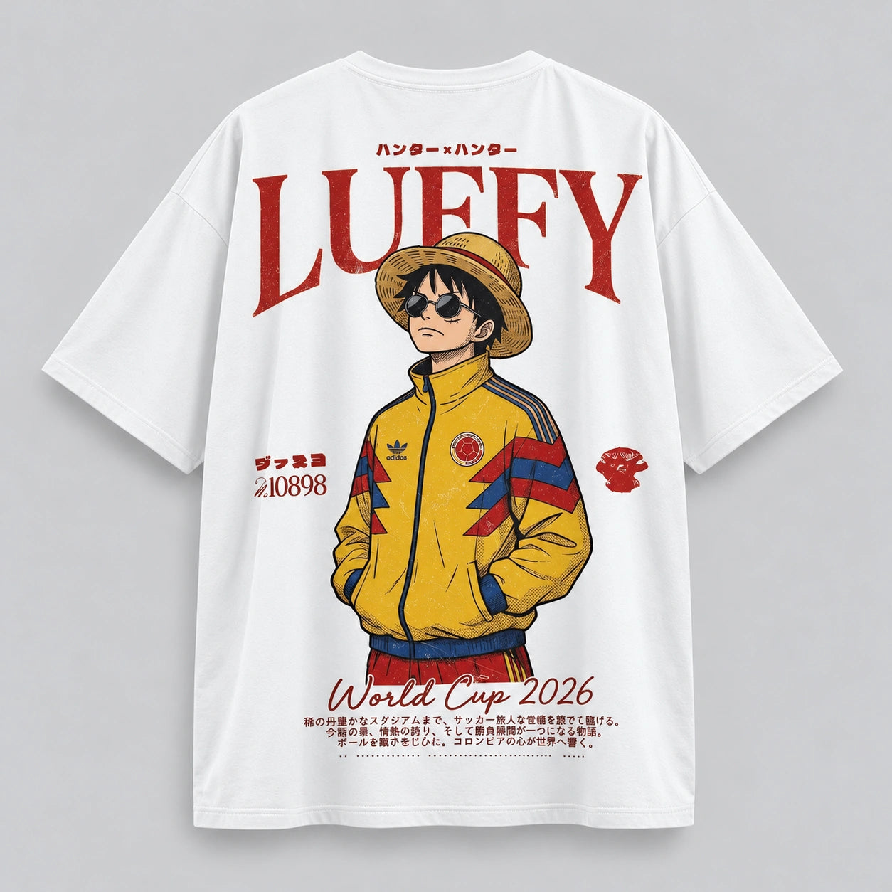 Camiseta oversize LUFFY Anime Fútbol World Cup 2026 en seda fría blanco, vista de espalda - NEXO Street.