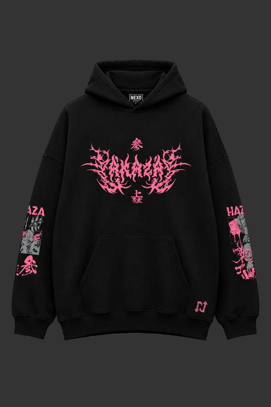 Hoodie oversize negro de Akaza (Kimetsu no Yaiba) — detalle del arte — NEXO Street
