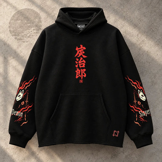 Hoodie TANJIRO KAMADO Completo — burda pesada 410 g sin rib inferior, vista frontal.