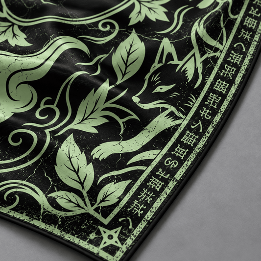 Detalle del zorro, hojas y líneas verdes sobre fondo negro de la bandana KONOHA de seda.