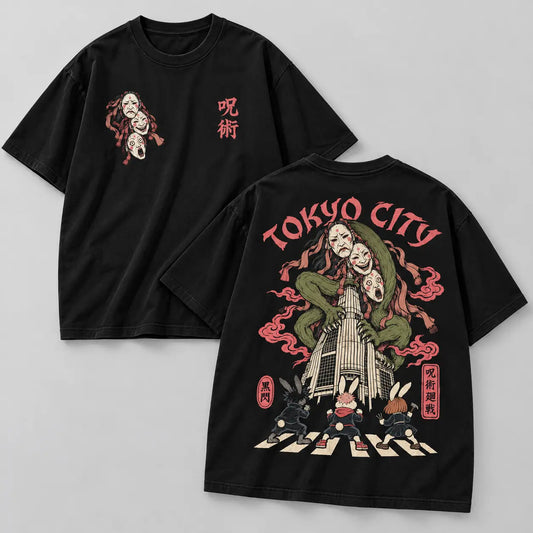 Camiseta Tokyo City Tres máscaras de Jujutsu Kaisen NEXO Street: frente y espalda en algodón negro liso de 300 g.