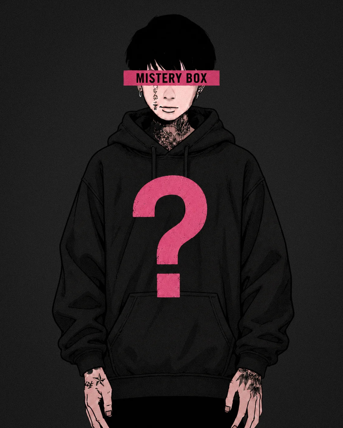 Ilustración de MISTERY BOX Hoodie: modelo tatuado con hoodie negro y signo de interrogación magenta; imagen ilustrativa del diseño sorpresa.