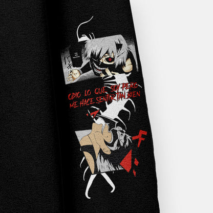 Hoodie oversize negro de Ken Kaneki (Tokyo Ghoul) — detalle del arte — NEXO Street