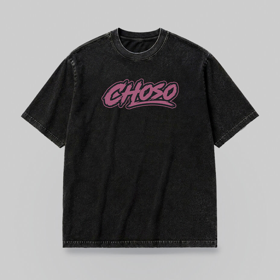 Front mockup of the CHOSO LOS SANTOS T-shirt, with a pink chest logo.