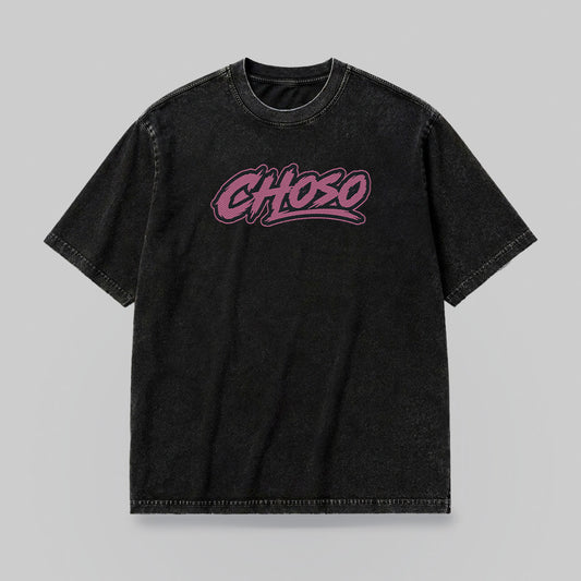 Front mockup of the CHOSO LOS SANTOS T-shirt, with a pink chest logo.