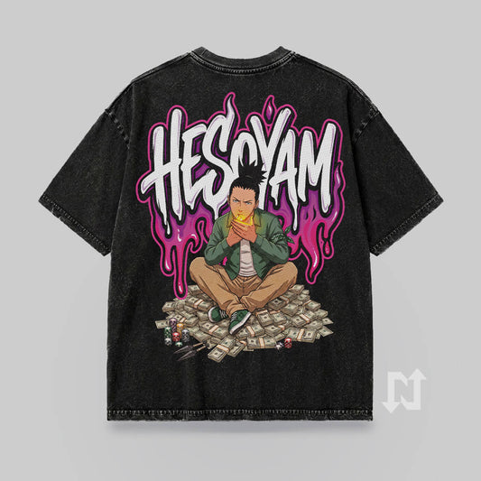 Back mockup of the SHIKAMARU HESOYAM T-shirt, with Shikamaru, cash and white-and-pink lettering.