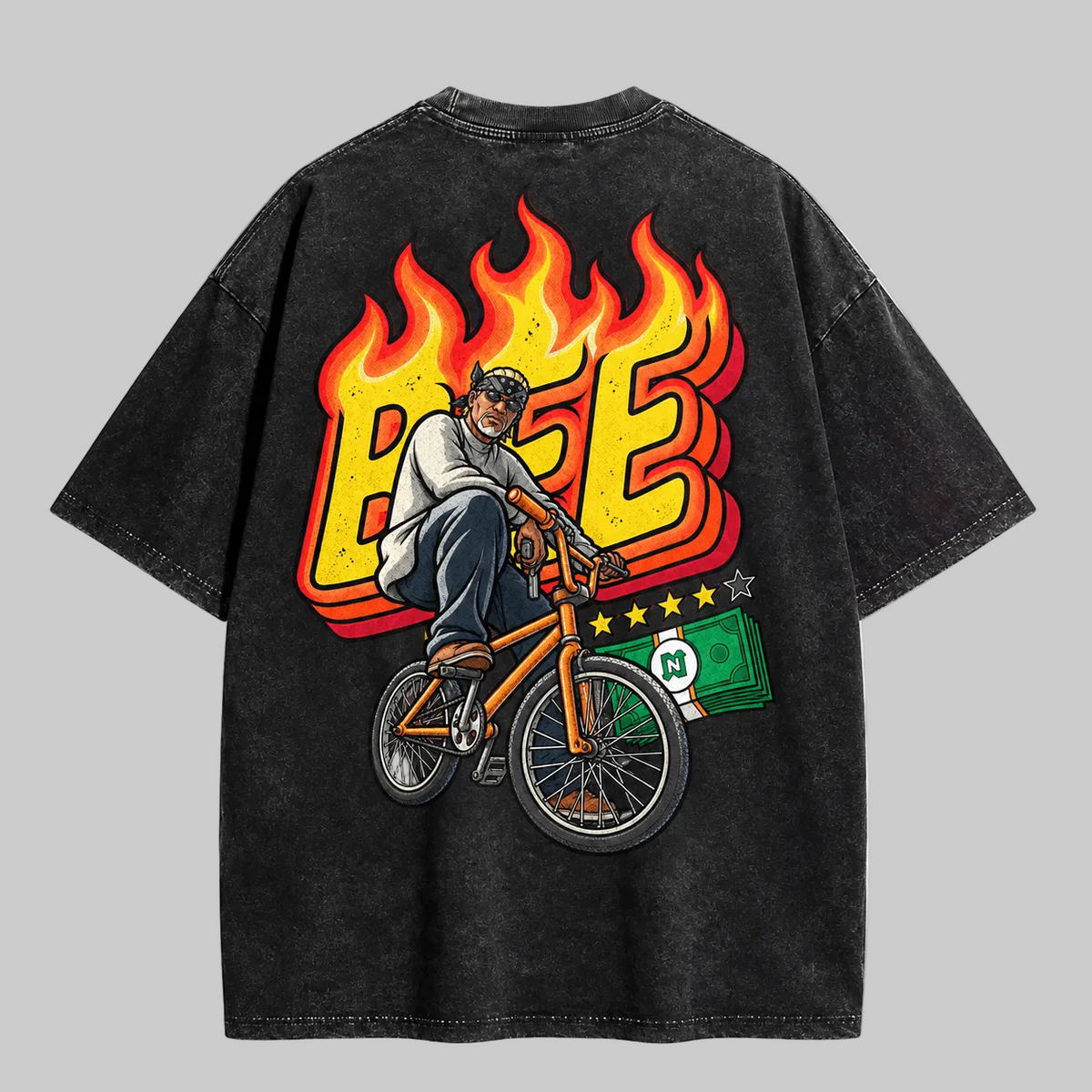 Vista posterior de camiseta BEE FIRE, diseño de Killer Bee inspirado en Naruto y GTA.