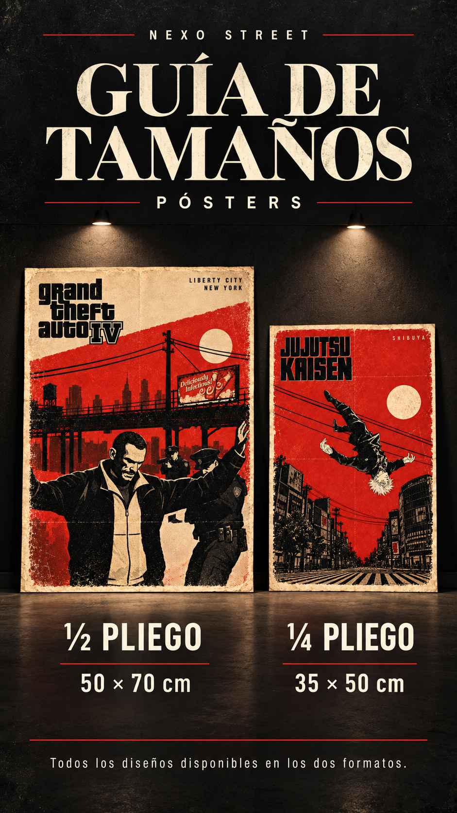 Guía de medidas de los pósters NEXO Street: ½ pliego 50 × 70 cm y ¼ pliego 35 × 50 cm