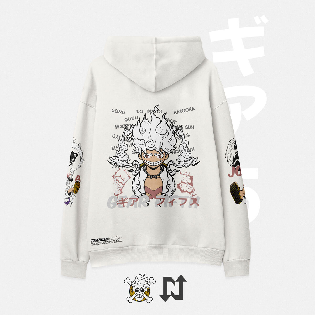 Hoodie oversize negro de Luffy Gear 5 (One Piece) — vista lateral — NEXO Street