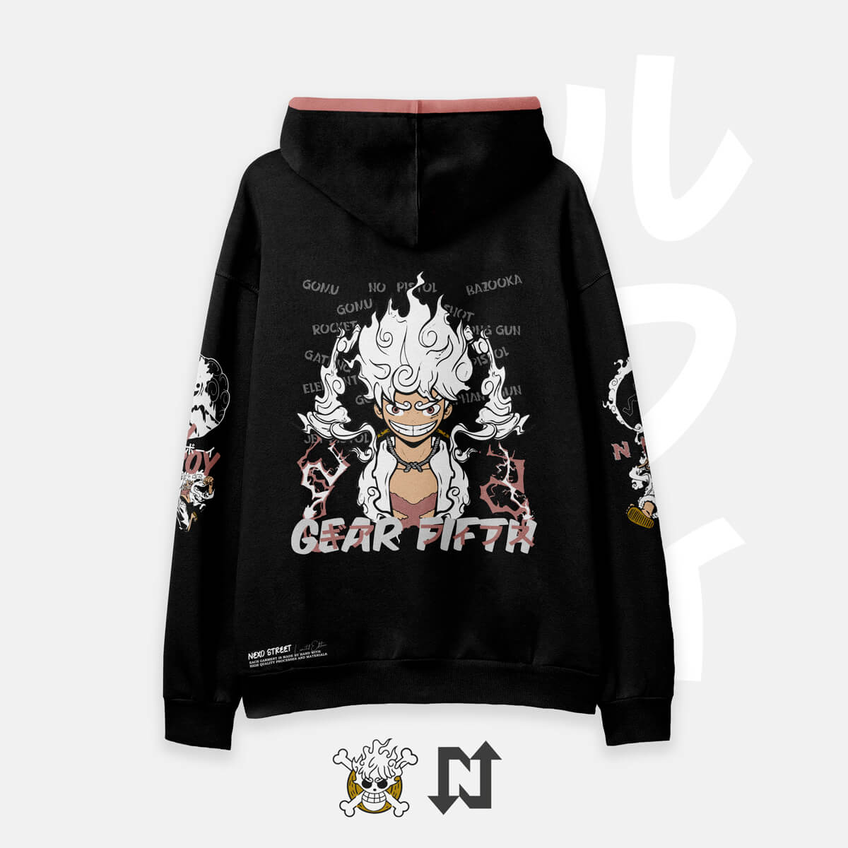 Hoodie negro LUFFY GEAR 5 NEXO Street S-M / ALTA DENSIDAD 310 / CAPOTA SALMÓN Buso