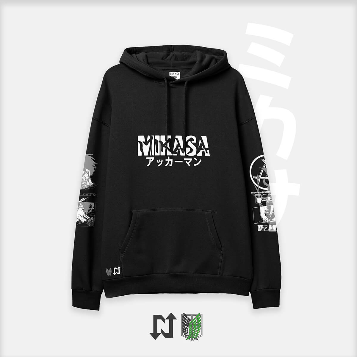 Sudadera oversize negra inspirada en Mikasa Ackerman del anime y manga de Shingeki No Kyojin. Cómoda, suave al tacto y de alta calidad