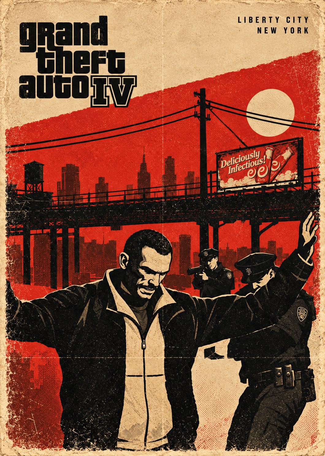 Arte del poster NICO BELLIC de GTA IV en rojo y beige, con Liberty City al fondo.