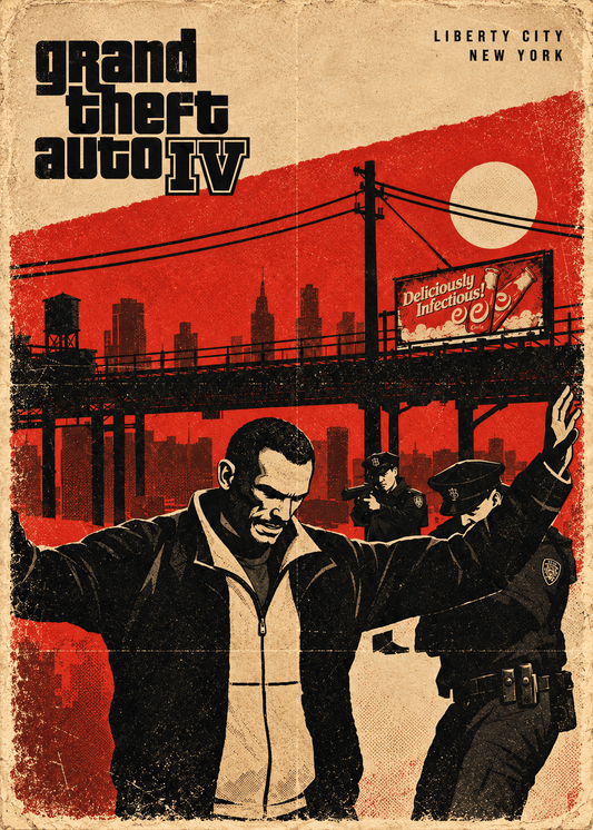 Arte del poster NICO BELLIC de GTA IV en rojo y beige, con Liberty City al fondo.