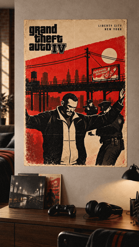 Visualización del poster NICO BELLIC en una pared sobre un escritorio.