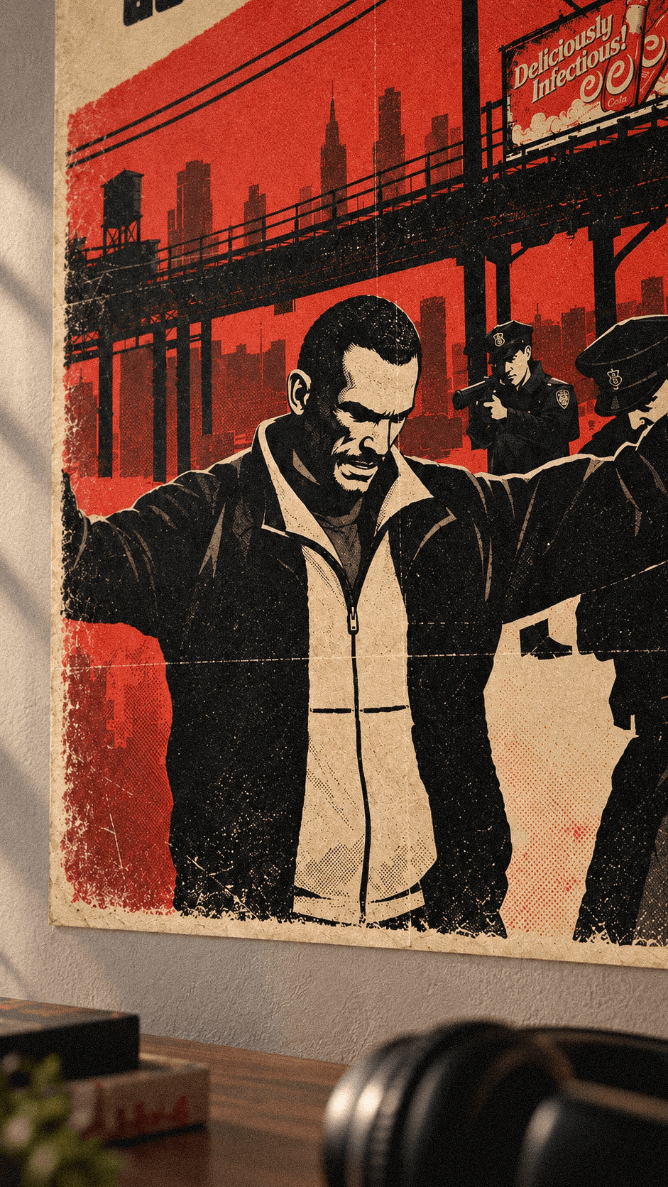 Detalle de Nico Bellic y la composición urbana del poster de GTA IV.