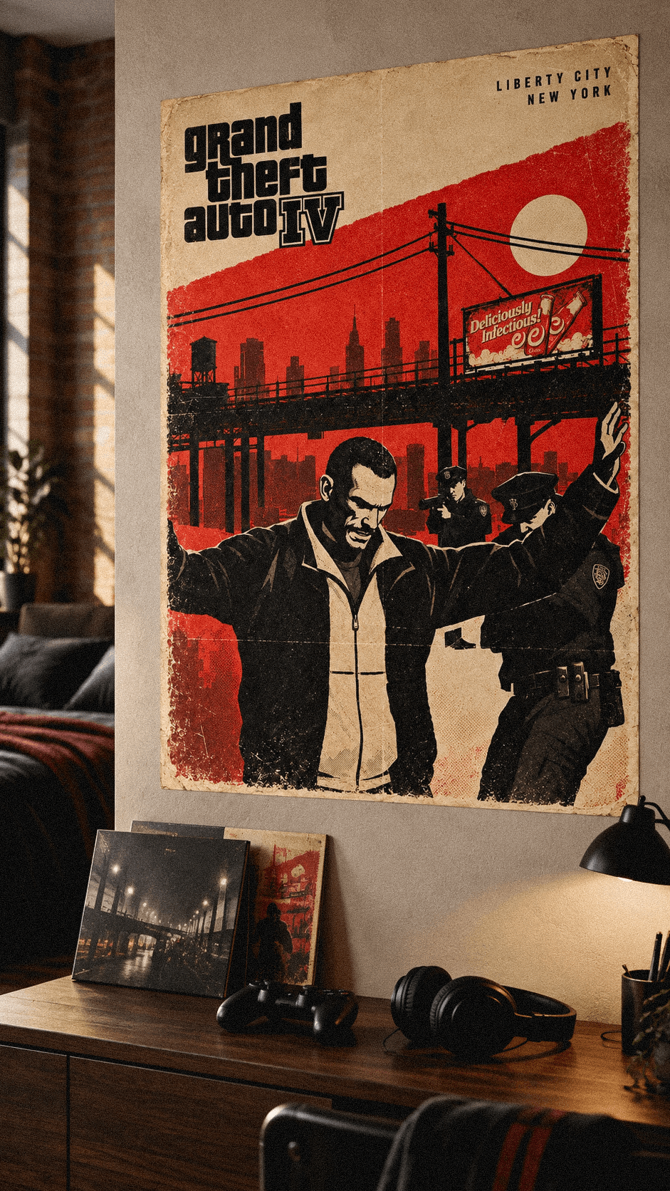 Visualización del poster NICO BELLIC con escritorio y objetos decorativos.