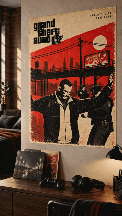 Visualización del poster NICO BELLIC con escritorio y objetos decorativos.