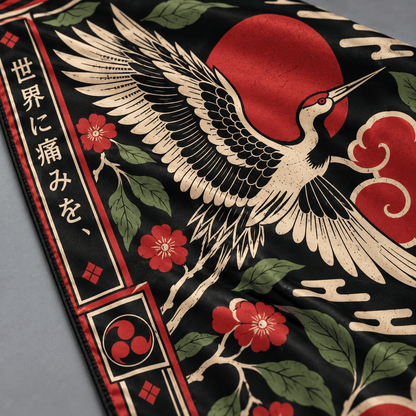 Detalle de la grulla clara, flores rojas y estampado de la bandana AKATSUKI de seda.