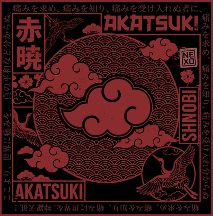 Arte plano rojo y negro de la bandana AKATSUKI, con nubes, ondas y tipografía. Archivo de diseño, sin foto del tejido.