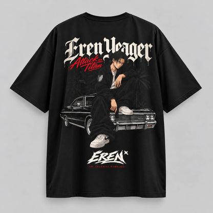 Camiseta oversize Eren Yeager Turf de Shingeki no Kyojin en seda fría negro, vista de espalda - NEXO Street.