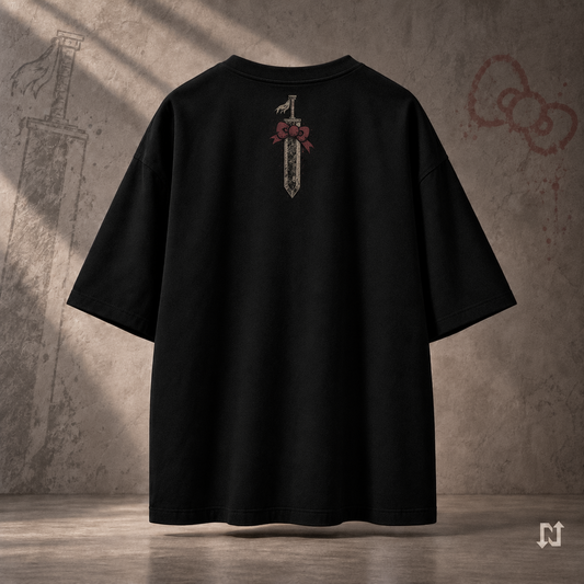Espalda de la camiseta negra KNIGHT KITTEN con una espada y un lazo rojo bajo el cuello.