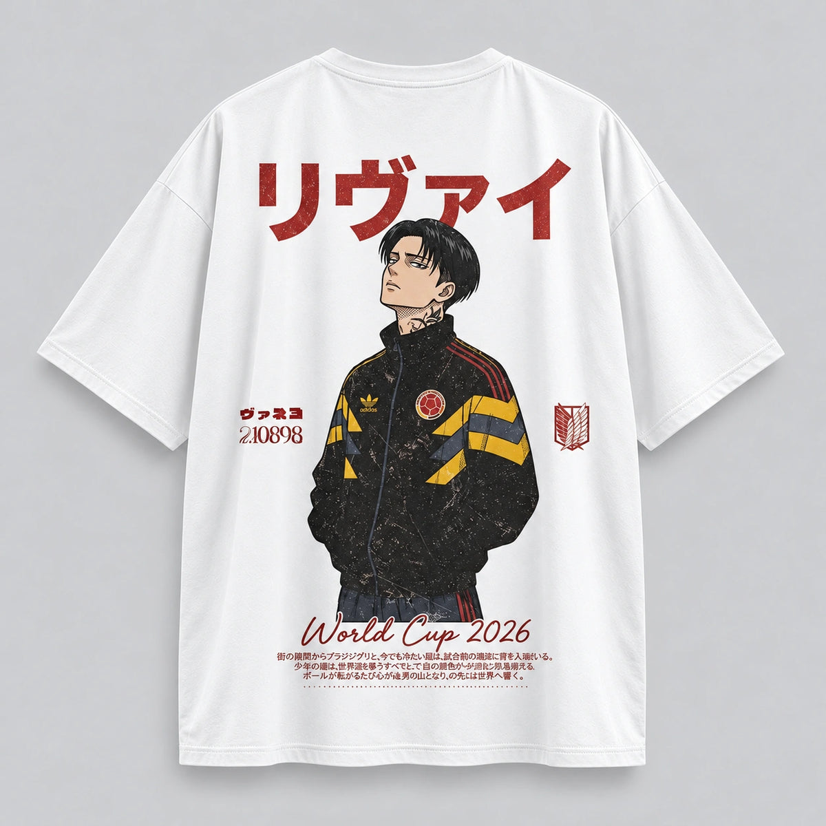Camiseta oversize LEVI ACKERMAN Anime Fútbol World Cup 2026 en seda fría blanco, vista de espalda - NEXO Street.