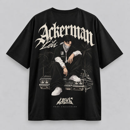 Camiseta oversize Levi Ackerman Turf de Shingeki no Kyojin en seda fría negro, vista de espalda - NEXO Street.