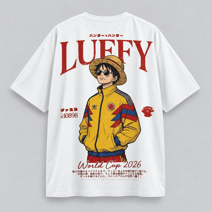 Camiseta oversize LUFFY Anime Fútbol World Cup 2026 en seda fría blanco, vista de espalda - NEXO Street.