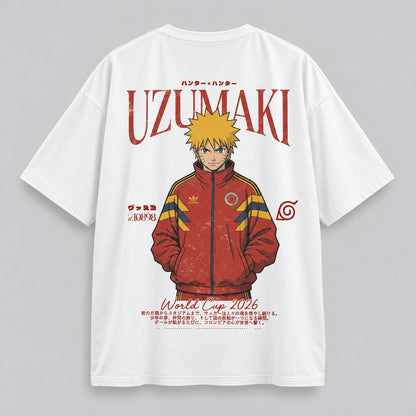 Camiseta oversize NARUTO UZUMAKI Anime Fútbol World Cup 2026 en seda fría blanco, vista de espalda - NEXO Street.