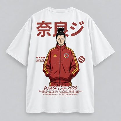 Camiseta oversize SHIKAMARU NARA Anime Fútbol World Cup 2026 en seda fría blanco, vista de espalda - NEXO Street.