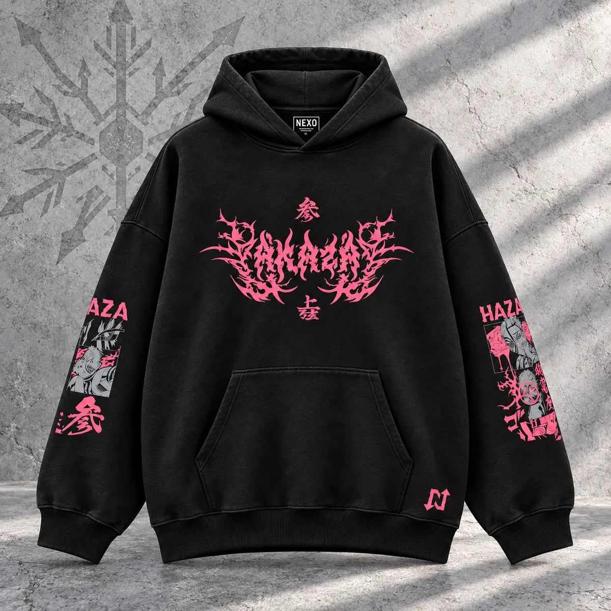 Hoodie Akaza Acid wash — Completo, frente sobre piedra gris