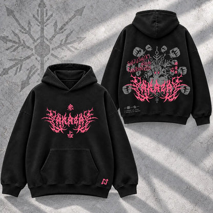 Hoodie Akaza Acid wash — Pecho + espalda, mangas lisas sobre piedra gris
