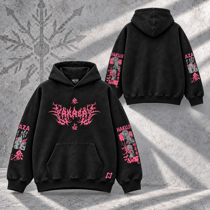 Hoodie Akaza Acid wash — Pecho + mangas, espalda lisa sobre piedra gris