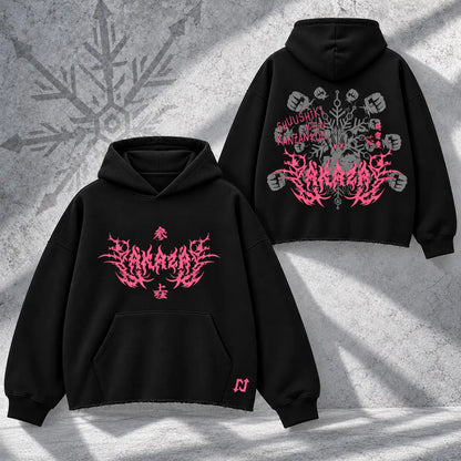 Hoodie Akaza Burda pesada 410 g sin rib inferior — Pecho + espalda, mangas lisas sobre piedra gris
