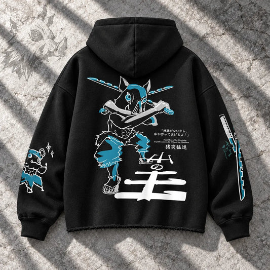 Hoodie INOSUKE — burda pesada 410 g sin rib inferior, Completo, vista trasera sobre piedra gris.