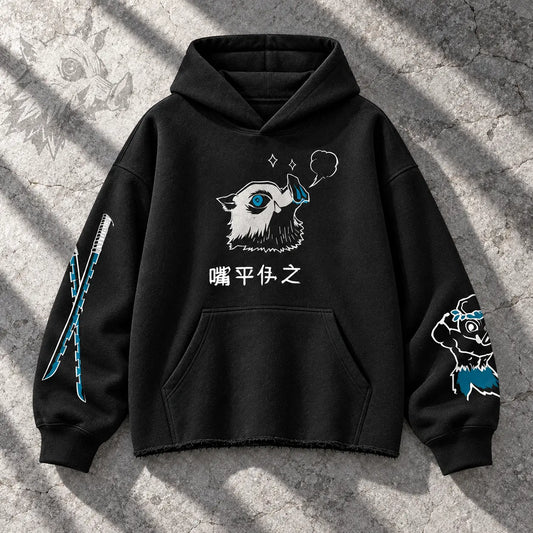 Hoodie INOSUKE — burda pesada 410 g sin rib inferior, Completo, vista frontal sobre piedra gris.