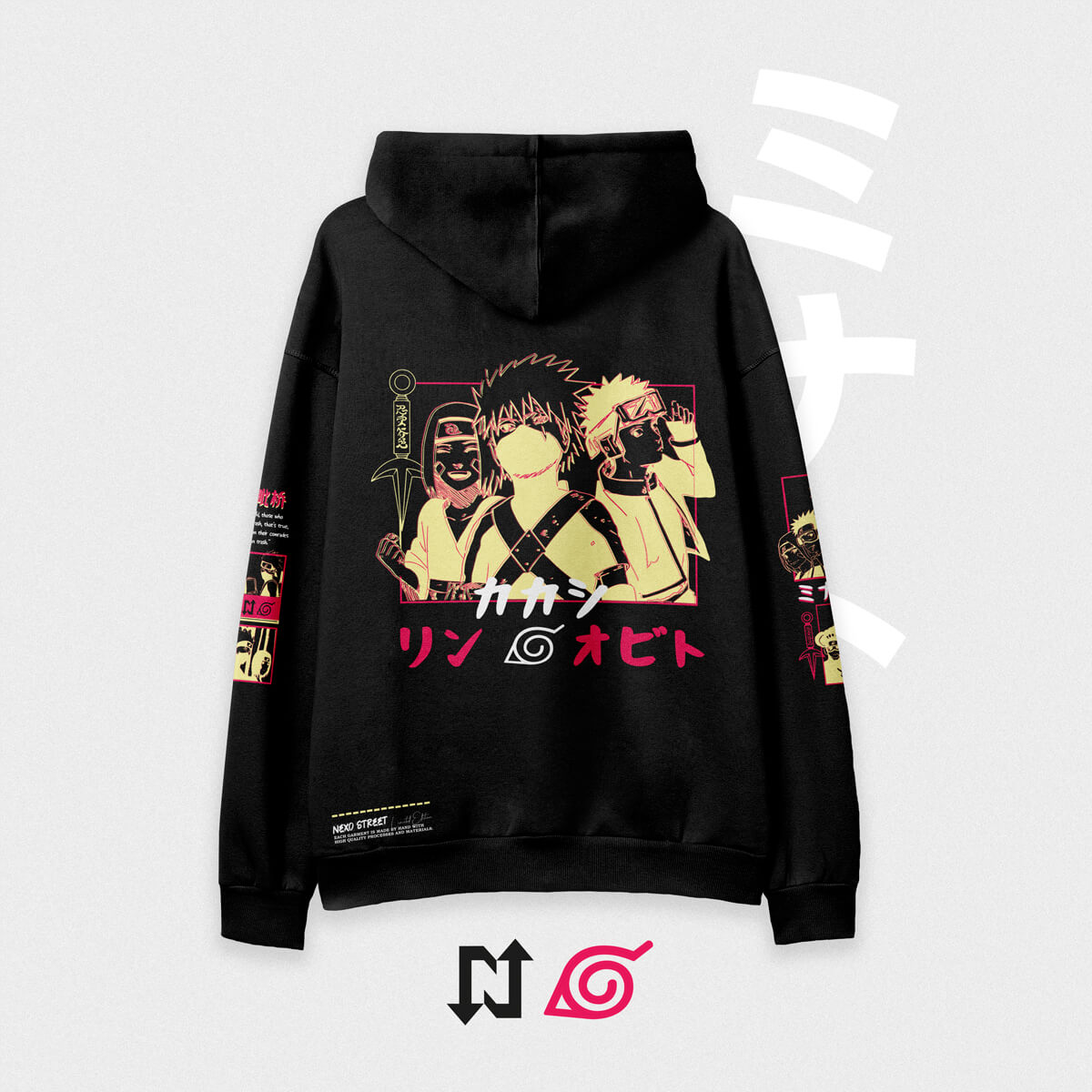 Sudadera oversize negra inspirada en el equipo Minato del anime y manga de naruto. Cómoda, suave al tacto y de alta calidad.