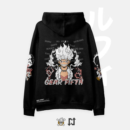 Sudadera oversize negra inspirada en el Luffy Gear 5 del anime y manga de One Piece. Cómoda, suave al tacto y de alta calidad.