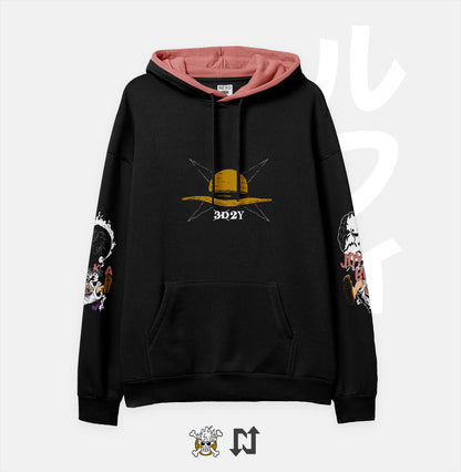 Hoodie negro LUFFY GEAR 5 NEXO Street S-M / ALTA DENSIDAD 310 / CAPOTA SALMÓN Buso