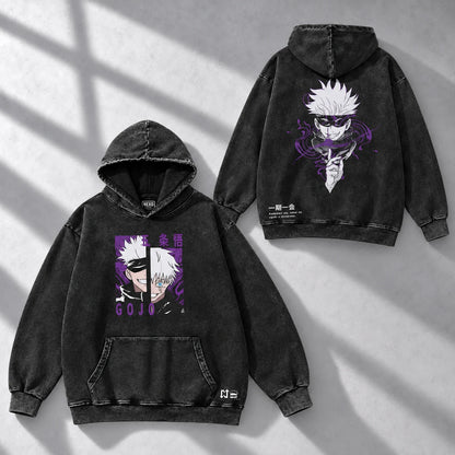 Hoodie SATORU GOJO — Jujutsu Kaisen, Acid wash, pecho + espalda: frente y espalda en composición diagonal.