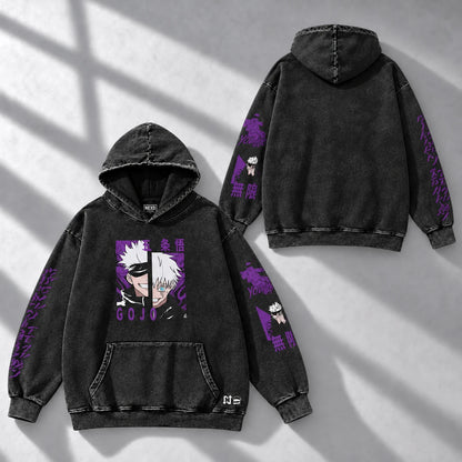 Hoodie SATORU GOJO — Jujutsu Kaisen, Acid wash, pecho + mangas: frente y espalda en composición diagonal.