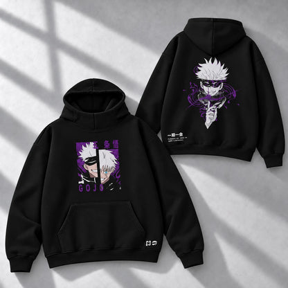 Hoodie SATORU GOJO — Jujutsu Kaisen, High Neck 280 g, pecho + espalda: frente y espalda en composición diagonal.