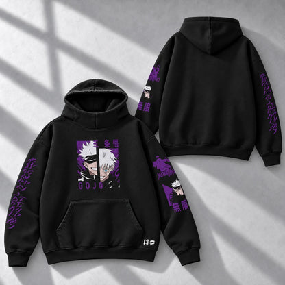 Hoodie SATORU GOJO — Jujutsu Kaisen, High Neck 280 g, pecho + mangas: frente y espalda en composición diagonal.