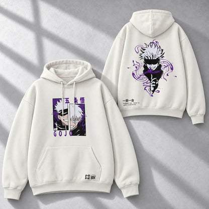 Hoodie SATORU GOJO — Jujutsu Kaisen, Marfil 280 g, pecho + espalda: frente y espalda en composición diagonal.