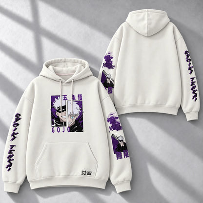 Hoodie SATORU GOJO — Jujutsu Kaisen, Marfil 280 g, pecho + mangas: frente y espalda en composición diagonal.