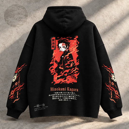 Hoodie TANJIRO KAMADO Completo — burda pesada 410 g sin rib inferior, vista trasera Hinokami Kagura.
