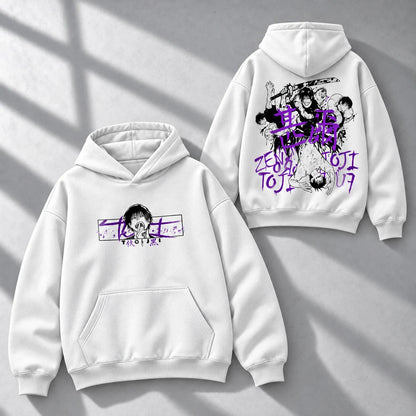 Hoodie TOJI FUSHIGURO — Jujutsu Kaisen, Blanco 280 g, pecho + espalda: frente y espalda en composición diagonal.